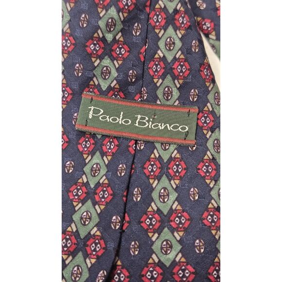 Vintage Paolo Bianco Silk Tie Red Blue Green Diamond Design 100% Silk USA Made - Picture 6 of 6